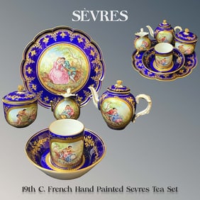 19th C. French Sevres Hand Painted Porcelain Tea Set, Hallmarked