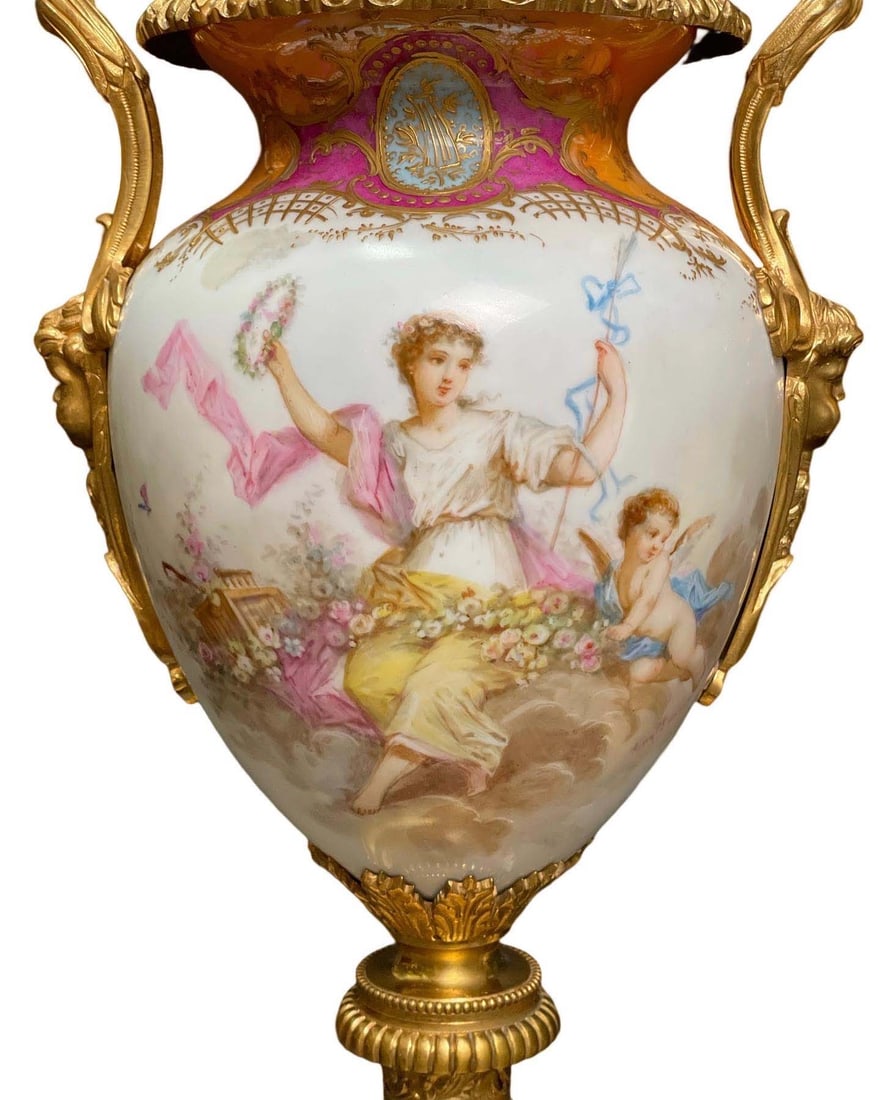 A Pair Of 19th C. Sevres Hand Painted Porcelain Bronze Vases, Signed - 4