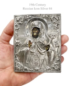 19th C. Russian Miniature Icon Silver 84