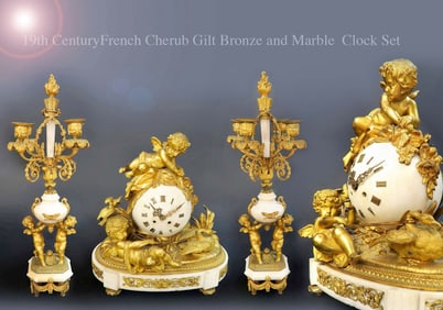 A Fine 19th C. French Gilt Bronze & Marble Figural Clock Set