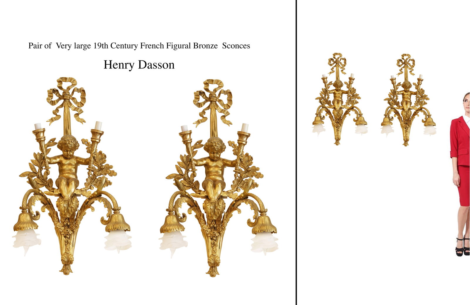 A Pair Of Very Large 19th C. French Henry Dasson Figural Bronze Sconces, Signed: A Pair Of Very Large 19th Century French Henry Dasson Figural Bronze Sconces, Signed.