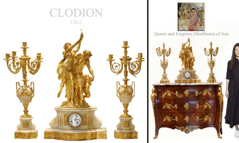 19th Century French Clodion Onyx Figural Bronze Clock Set, Signed