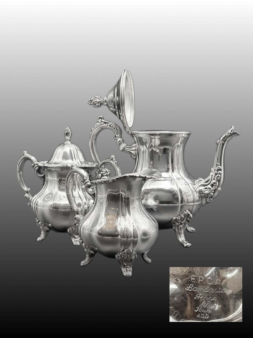 A Vintage Set of 3 Pieces English Lancaster Rose EPCA Silver-Plated Tea/Coffee, Hallmarked (1 of 3)