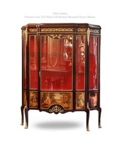 19th C. Louis XVI Style Gilt Bronze Mounted Vernis Martin Vitrine Cabinet