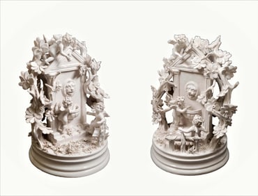 A Pair Of French Biscuit Porcelain Figurine Group Statues