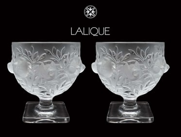 A Pair of LALIQUE Frosted Crystal Sparrow Figural Vases, Signed