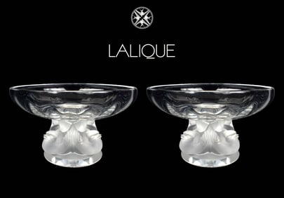 A Pair of LALIQUE Crystal Sparrow Figural Stand Candy Dish/Bowls, Signed