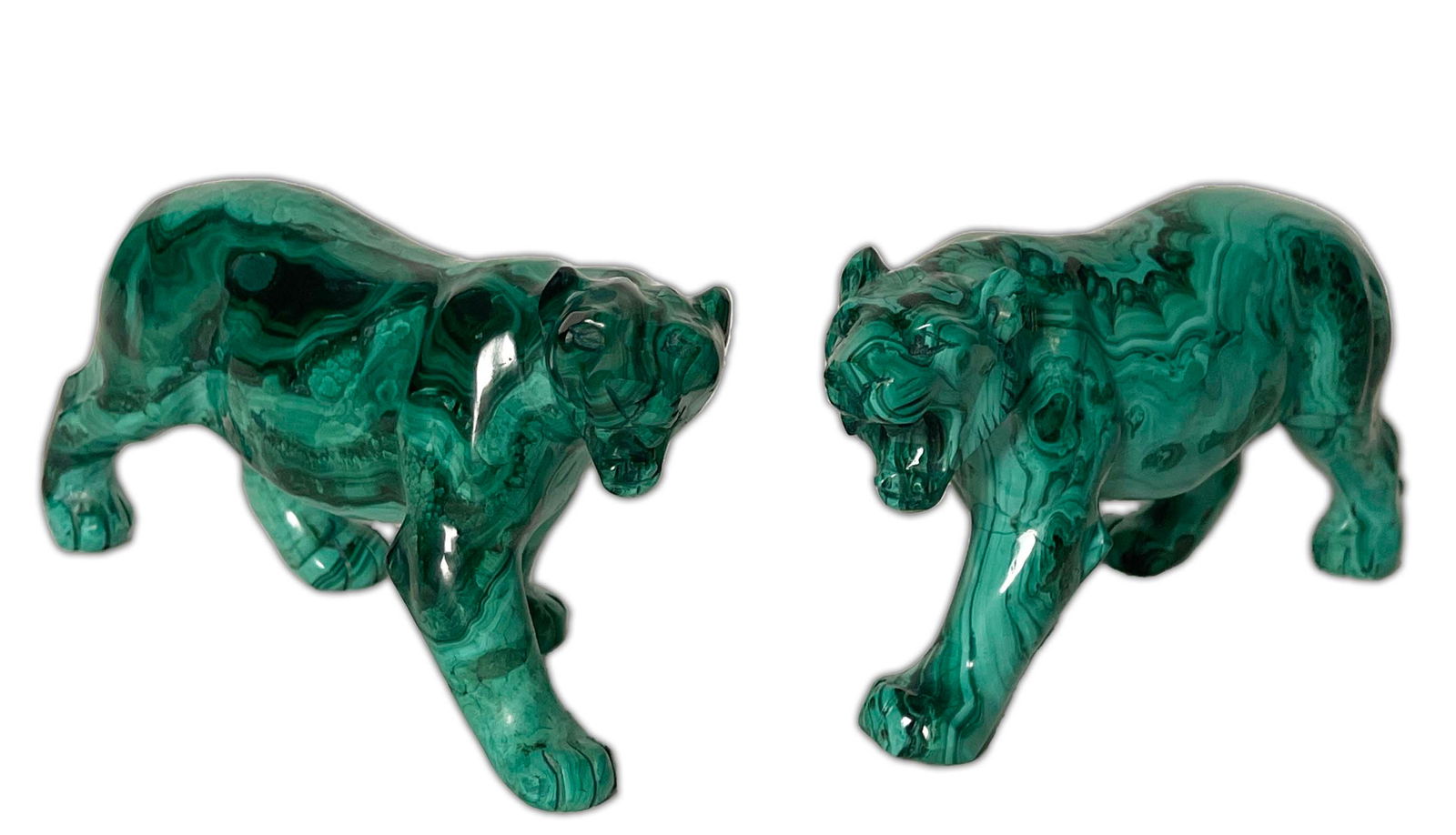 A Pair Of Russian Solid Malachite Tigers: A Pair Of Russian Solid Malachite Tigers. 5.5" x 5" x 2.5" H