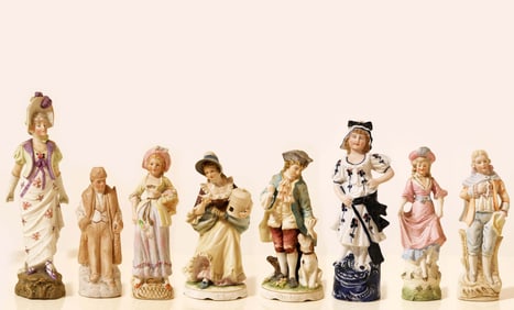 Set Of Eight German Hand Painted Porcelain Biscuit Figurines