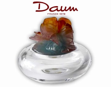 A French DAUM Pate De Verre Flowers Art Glass Crystal Lidded Bowl
