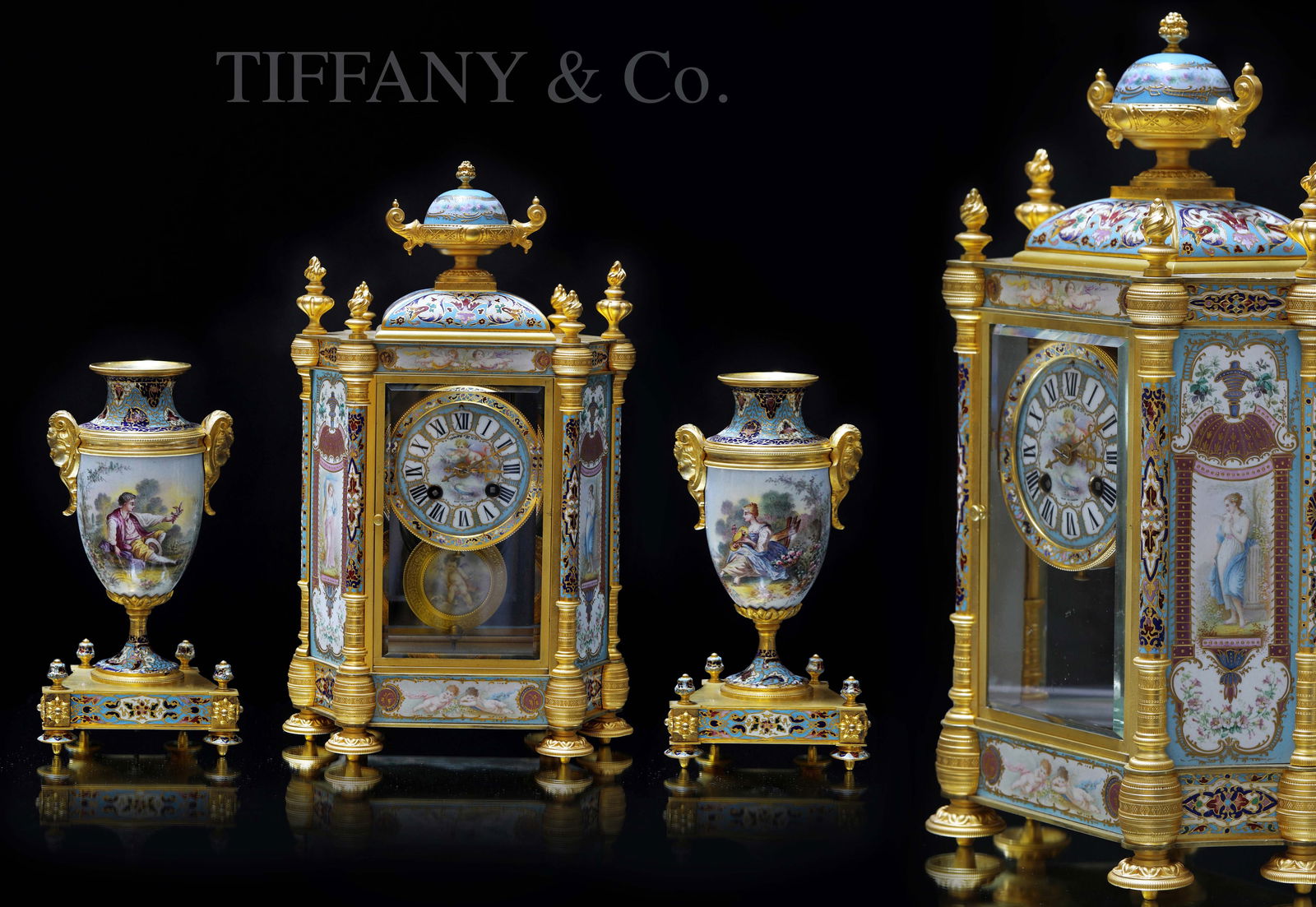 A Museum Quality 19th C. Tiffany & Co. Sevres Hand Painted Signed Champleve Bronze Clock Set: A Museum Quality 19th C. French Tiffany & Co. Sevres Hand Painted Porcelain signed by artist, Champleve Enameled Bronze Clock Set. clock: H 15.5" x 9" x 6", Vases: H 9.75" x 5.25" x 4.5"