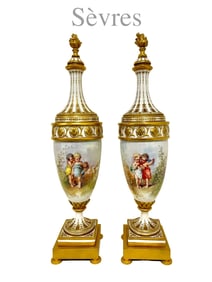 A Pair Of 19th C. French Sevres Hand Painted Porcelain Bronze Lidded Vases