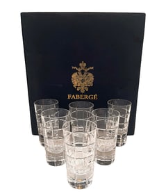 Six Faberge Clear Crystal Shot Glasses, Signed & Boxed