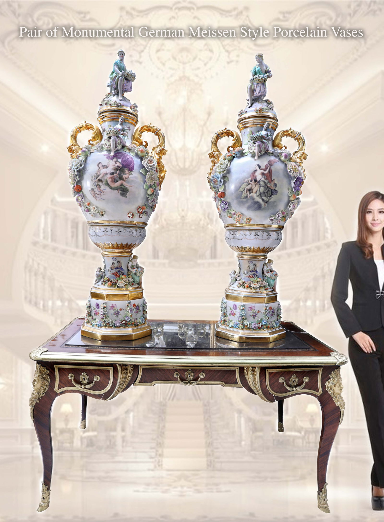 A Pair Of Monumental Meissen Style Hand Painted Porcelain Figural Vases (1 of 1)