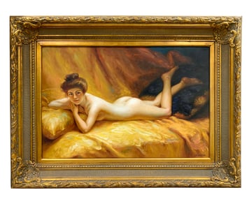 Naked Lady Lying Down, A. Akotiob Signed Oil On Canvas Painting