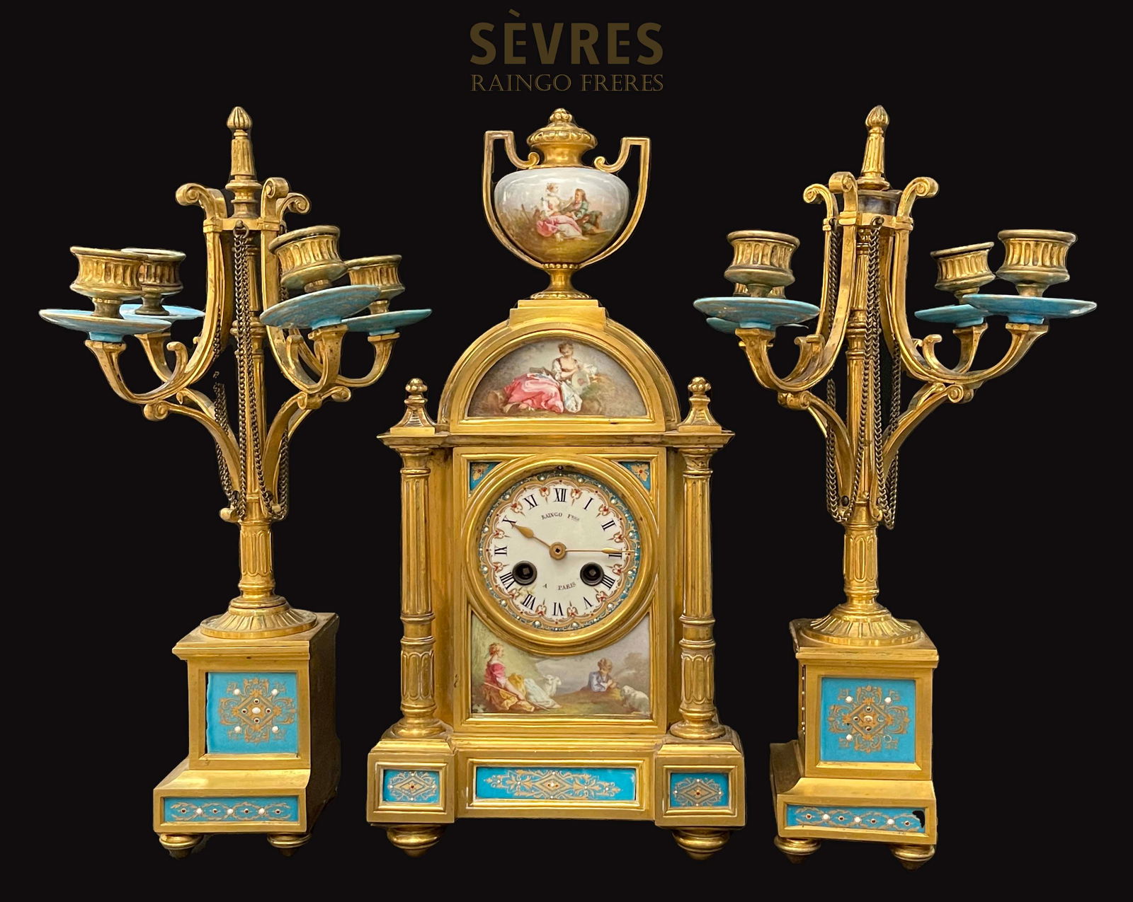 19th C. Raingo Freres Sevres Jeweled Bronze Clock Set, Signed: 19th C. French Sevres Jeweled Hand Painted Porcelain Bronze Clock Set, Signed by Raingo Freres. 15" H x 4" x 7.5", 15" H x 9" x 3"