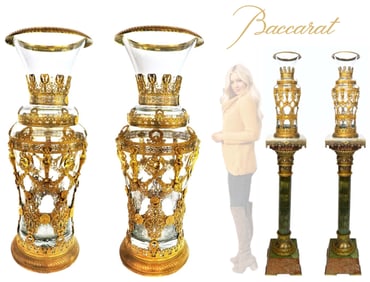 A Pair Of Large 19th C. Baccarat Crystal Figural Ormolu Vases