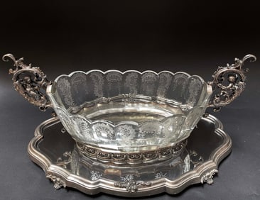 19th C. German Figural 800 Silver & Baccarat Crystal Centerpiece On Plateau