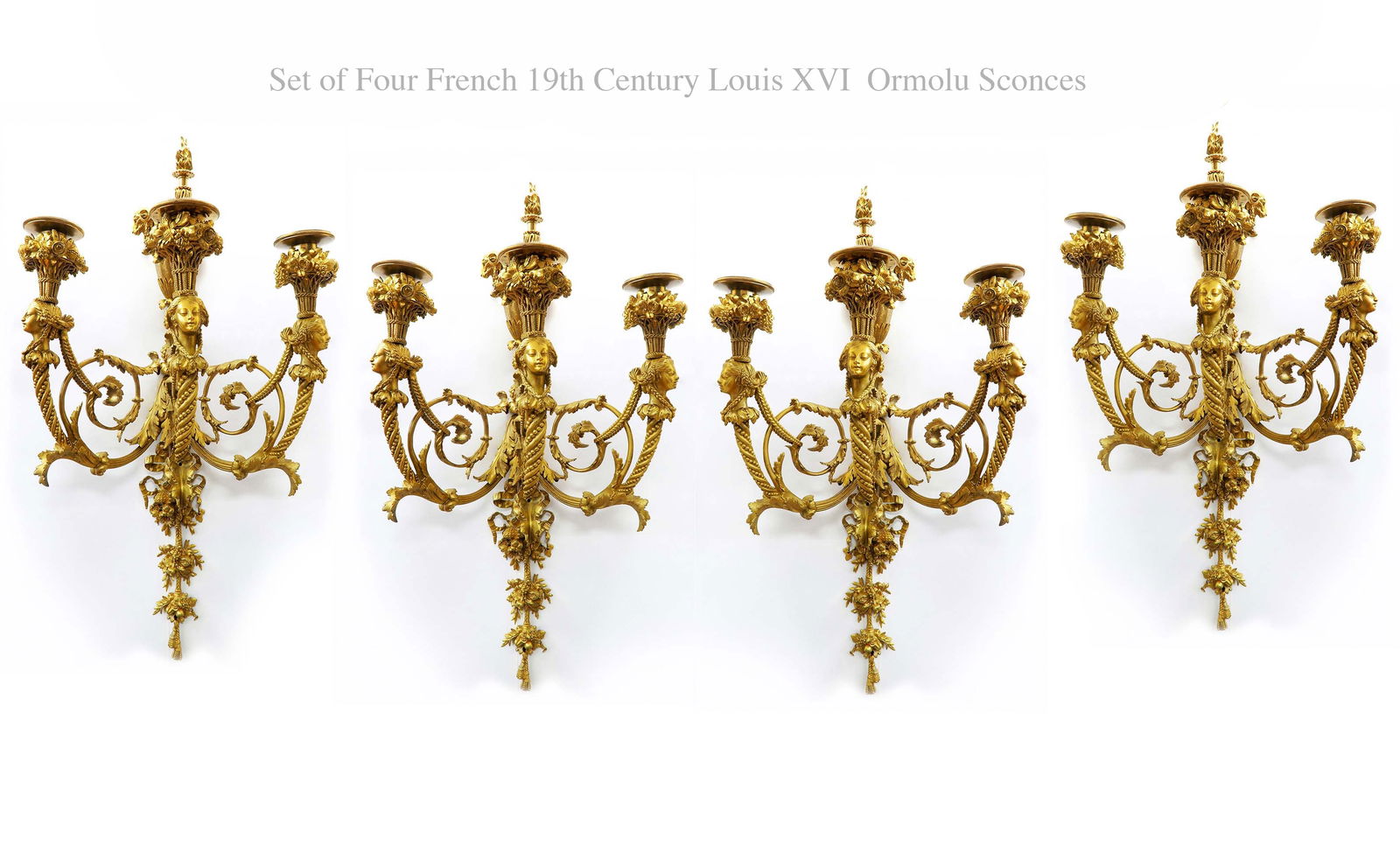 A Set Of Four 19th C. French Louis XVI Ormolu Sconces, Attrib. Henry Dasson: A Set Of Four 19th Century French Louis XVI Bronze Sconces, Attributed Henry Dasson. H 23.5" x 14" x 7". Note: The pedestal is NOT included.