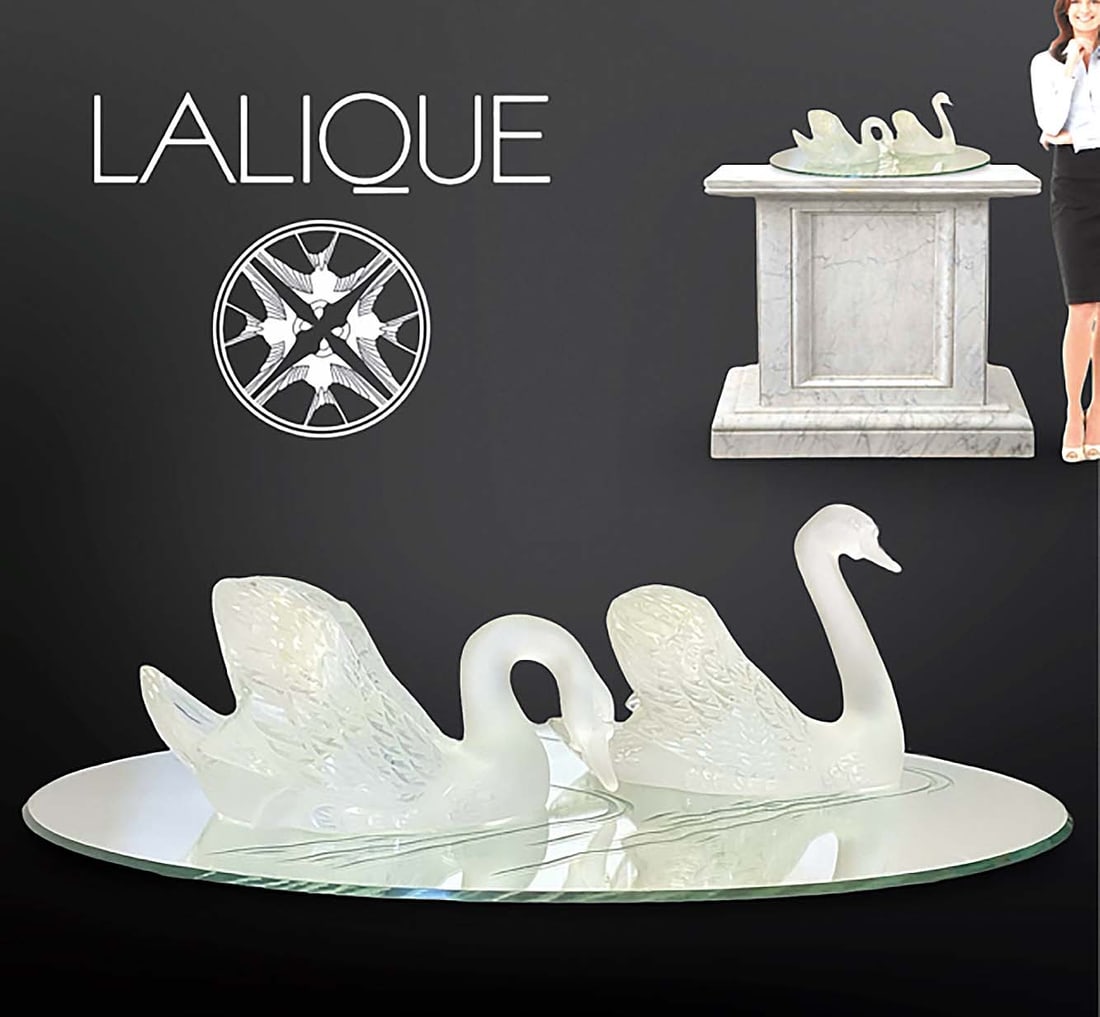 A Pair of Large Lalique Frosted Crystal Swans on Mirrored Plateau Centerpiece, Signed: A Pair of Large French Lalique Frosted Crystal Swans with Mirrored Plateau Centerpiece. All pieces are signed. Note: The pedestal is NOT included. H 10" x L 33" x W 22.5"