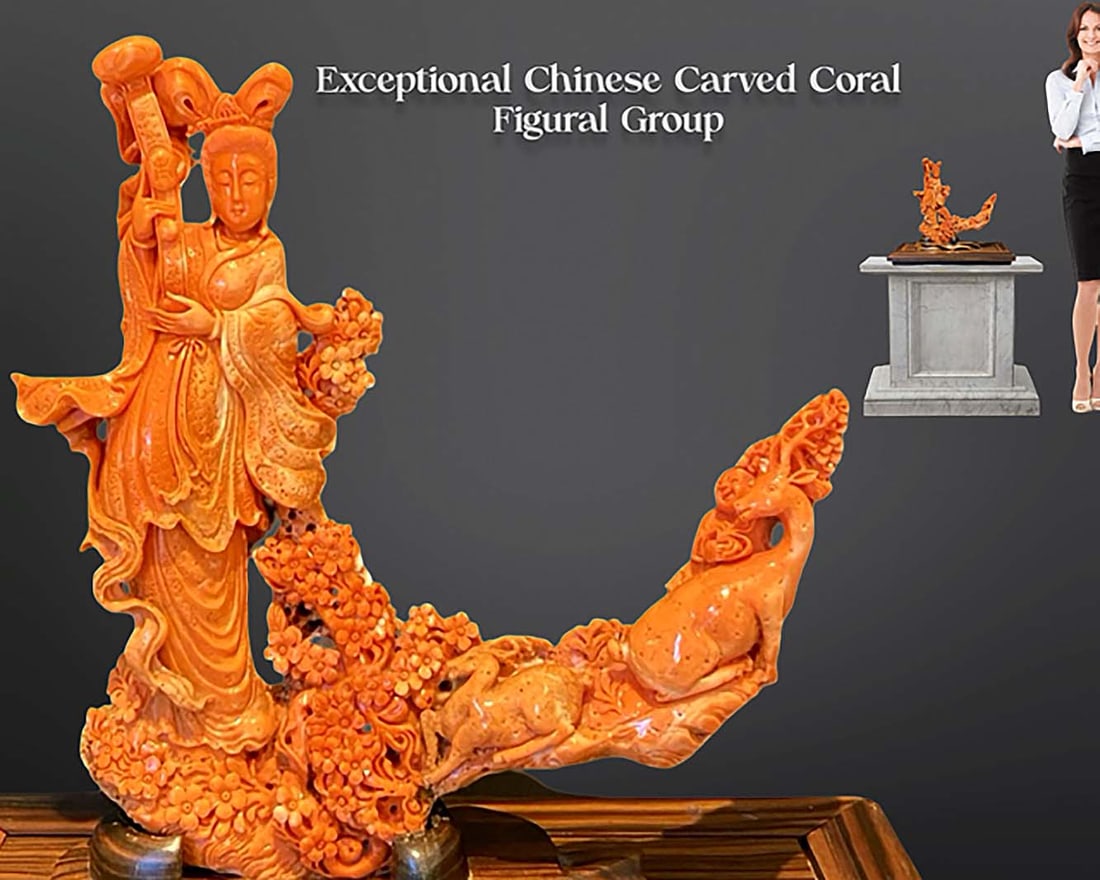An Exceptional Chinese Carved Coral Figurine Group: An Exceptional Chinese Carved Coral Figurine Group. Note: The pedestal is NOT included. H 13.75" x L 15.25" x W 7.1"