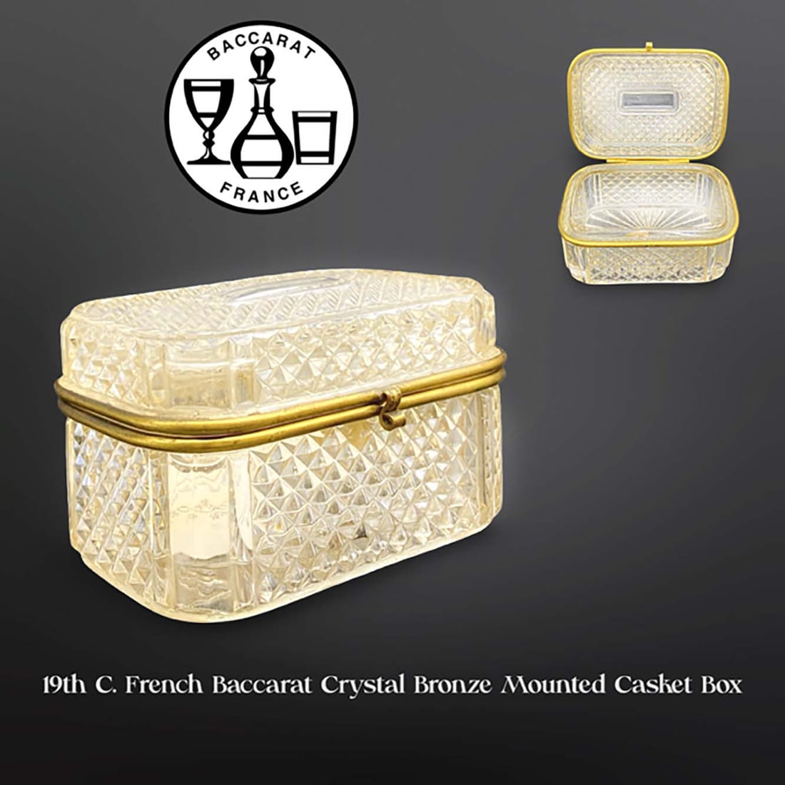 19th C. French Baccarat Crystal Bronze Mounted Casket Box: 19th C. French Baccarat Crystal Bronze Mounted Casket Box. Measurements: H 2.75" x L 4.75" x W 3.4"