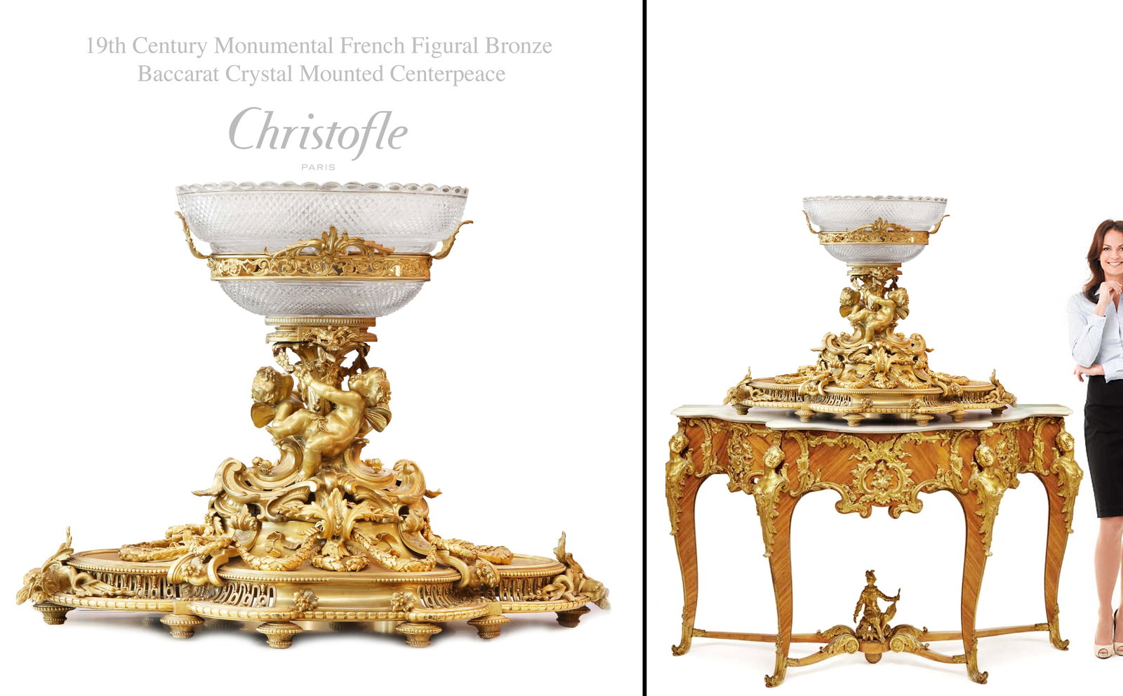 A Monumental 19th C. Christofle Figural Bronze & Baccarat Crystal Centerpiece: A Monumental 19th Century French Christofle Figural Bronze & Baccarat Crystal Centerpiece. H 28" X L 38". NOTE: The table is NOT included!