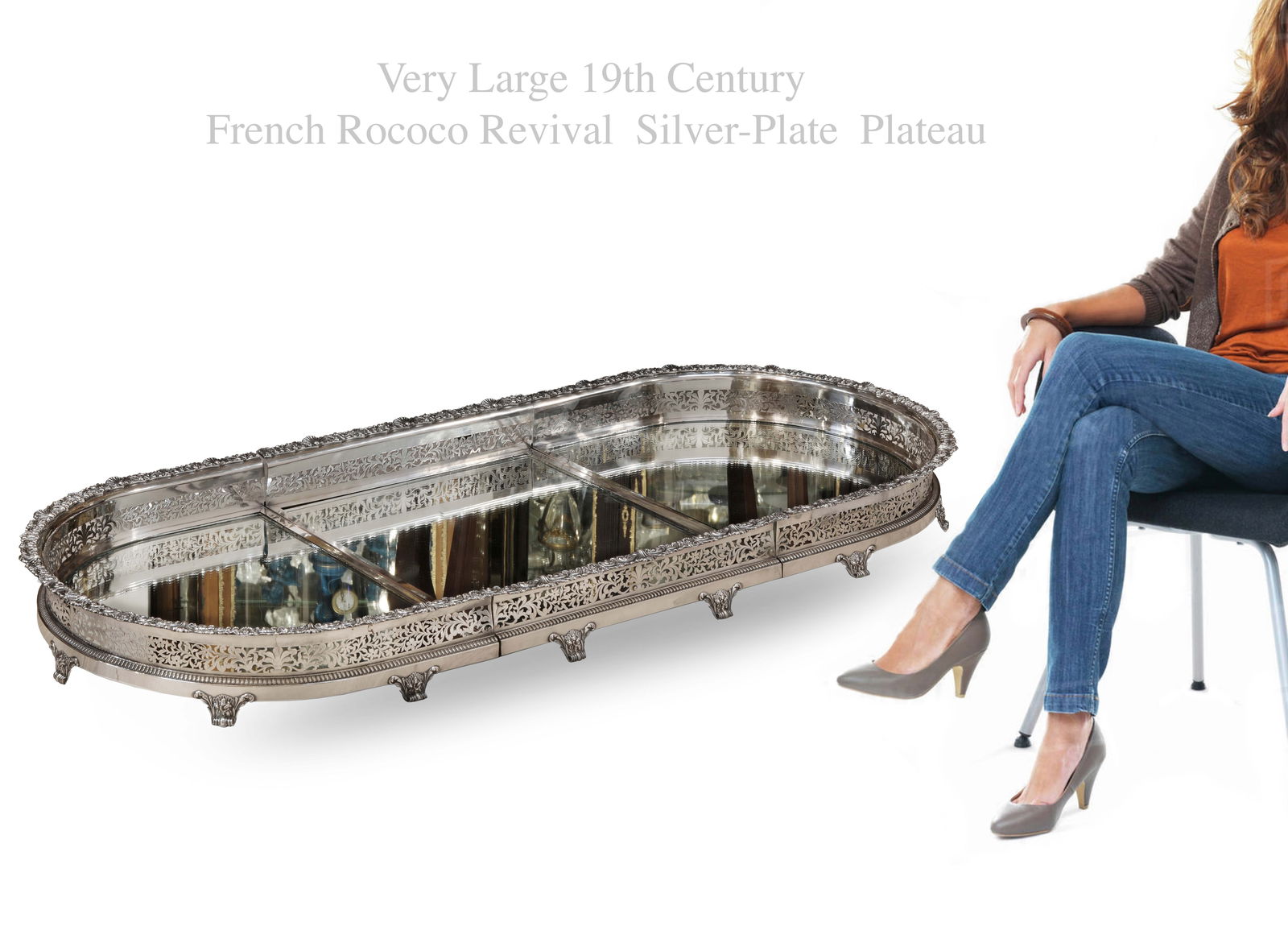 A Very Large 19th C. French Rococo Revival Silver-Plated Plateau: A Very Large 19th Century French Rococo Revival Silver-Plated Plateau. H 5" x 23" x 53"