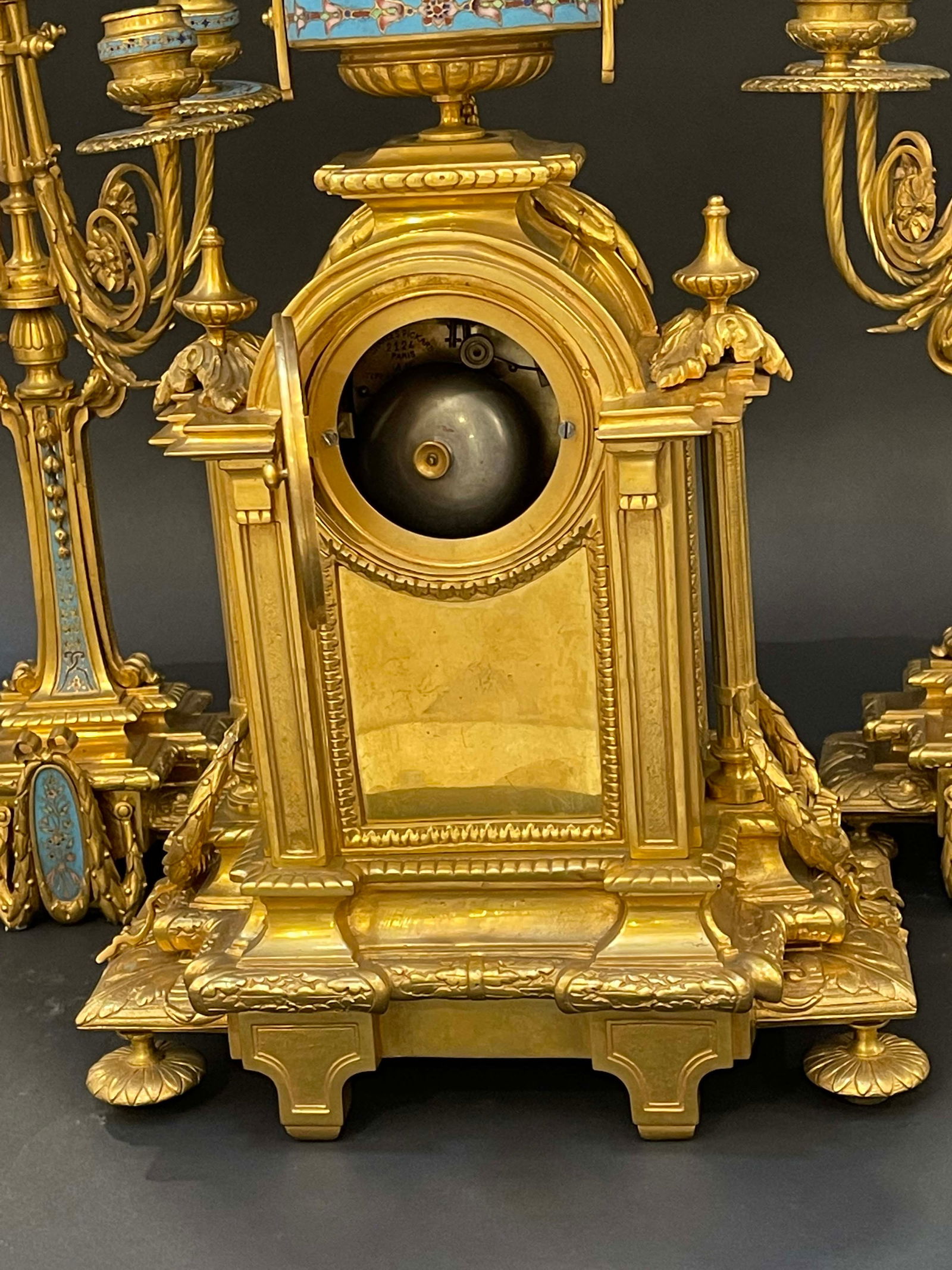 19th C. Tiffany & Co. Bronze Champleve Clock Set - 8