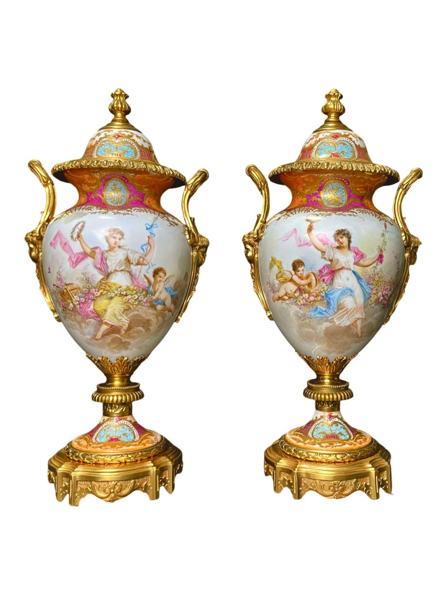 A Pair Of 19th C. Sevres Hand Painted Porcelain Bronze Vases, Signed - 2