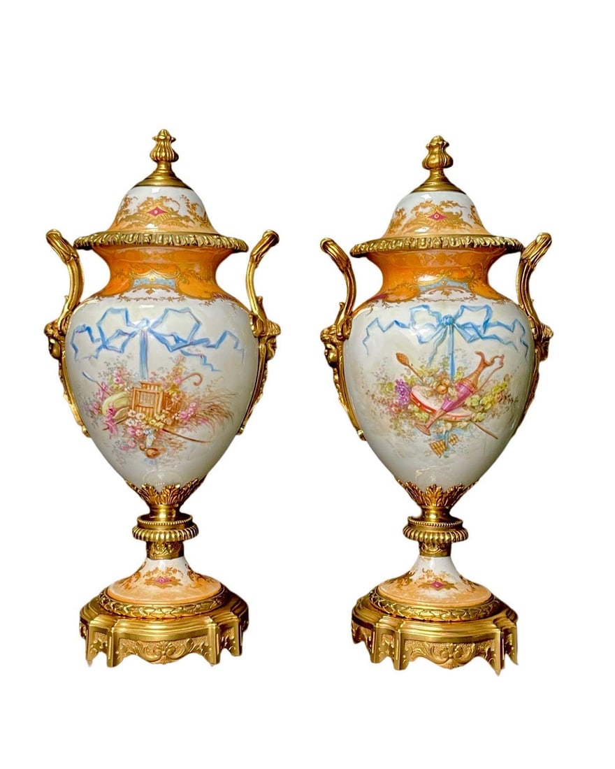 A Pair Of 19th C. Sevres Hand Painted Porcelain Bronze Vases, Signed - 3