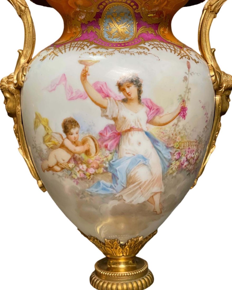 A Pair Of 19th C. Sevres Hand Painted Porcelain Bronze Vases, Signed - 5