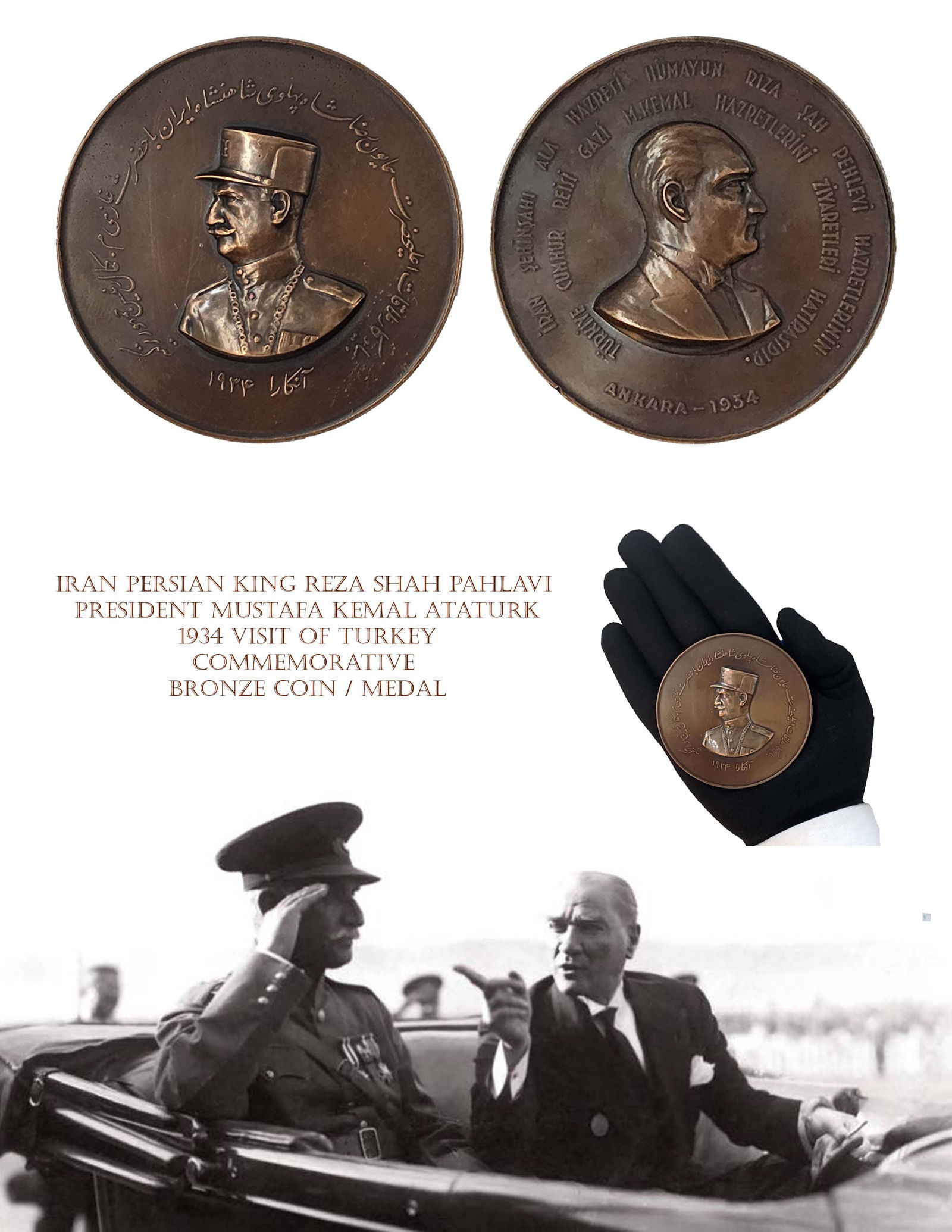 Iran King Reza Shah Pahlavi 1934 Visit Of Turkey Commemorative Bronze Coin/Medal: Iran Persian King Reza Shah Pahlavi 1934 Visit Of Turkey with Mustafa Kemal Ataturk (Turkey President) Commemorative Bronze Coin/Medal.
