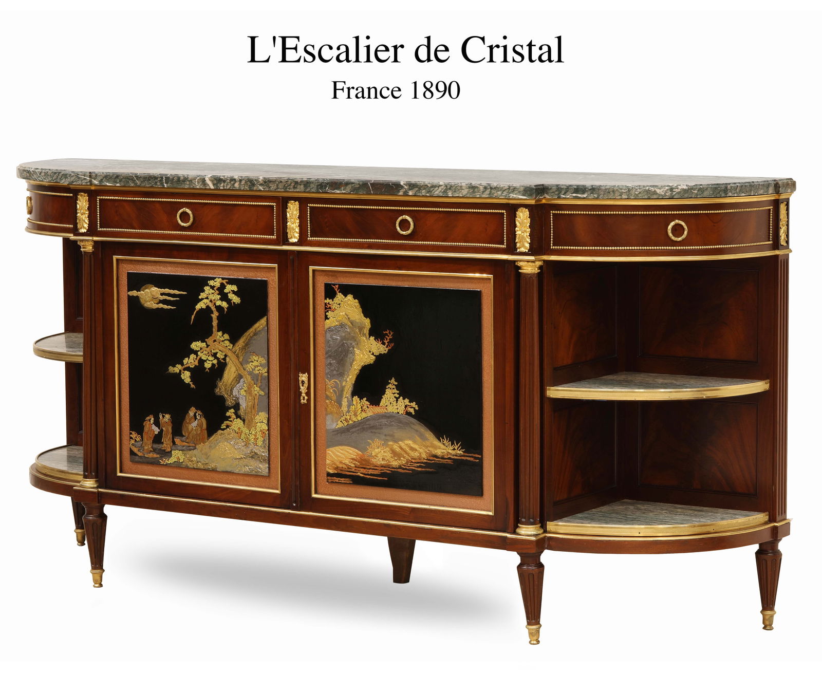 19th C. French L'Escalier de Cristal Japanese Style Bronze Mounted Cabinet, Signed: 19th C. Japanese Style Bronze Mounted top marble hand painted Cabinet, Signed by L'Escalier de Cristal, France, Circa 1890. H 37.5" x 77" x 18"