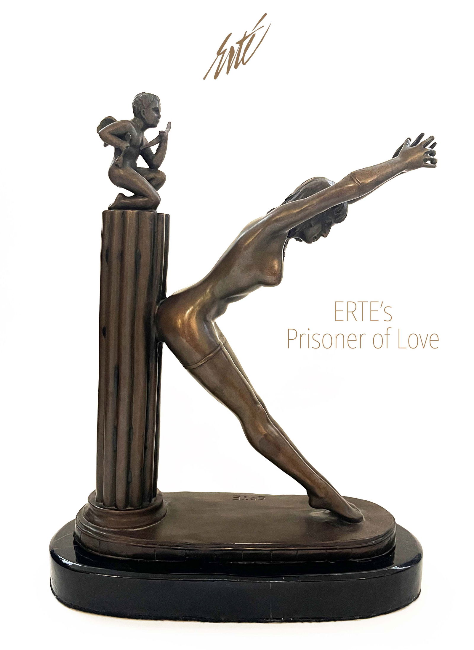 Prisoner Of Love, A Rare Post ERTE Bronze Statue On Marble Base, Signed: Prisoner Of Love, After ERTE Bronze Statue On Marble Base, Signed. Total size: 10" x 4.5" x H 13". About: A fabulous 20th Century Art Deco bronze figural group entitled Prisoner of Love by Erte, Romai