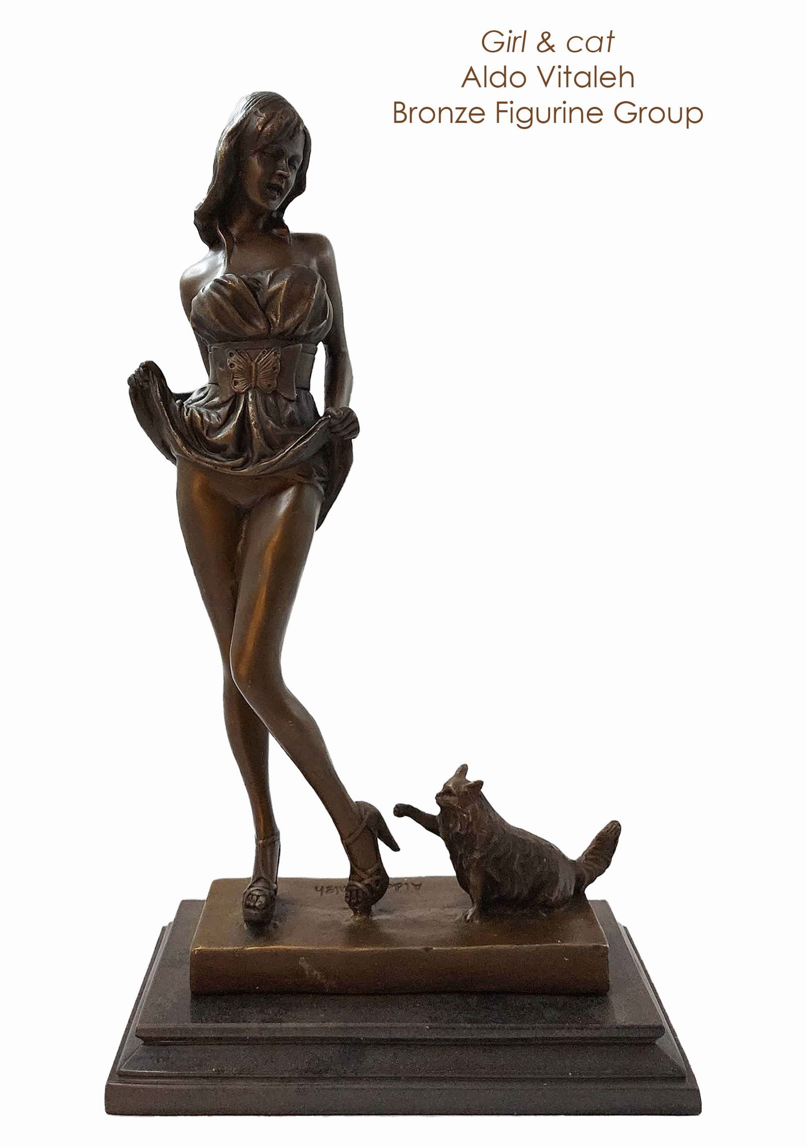 Girl & Cat, An Art Deco Style Aldo Vitaleh Signed Original Bronze Figurine Group: Girl & Cat, An Art Deco Style Aldo Vitaleh Signed Original Bronze Figurine Group on black marble. H 15" x 8.75" x 5"