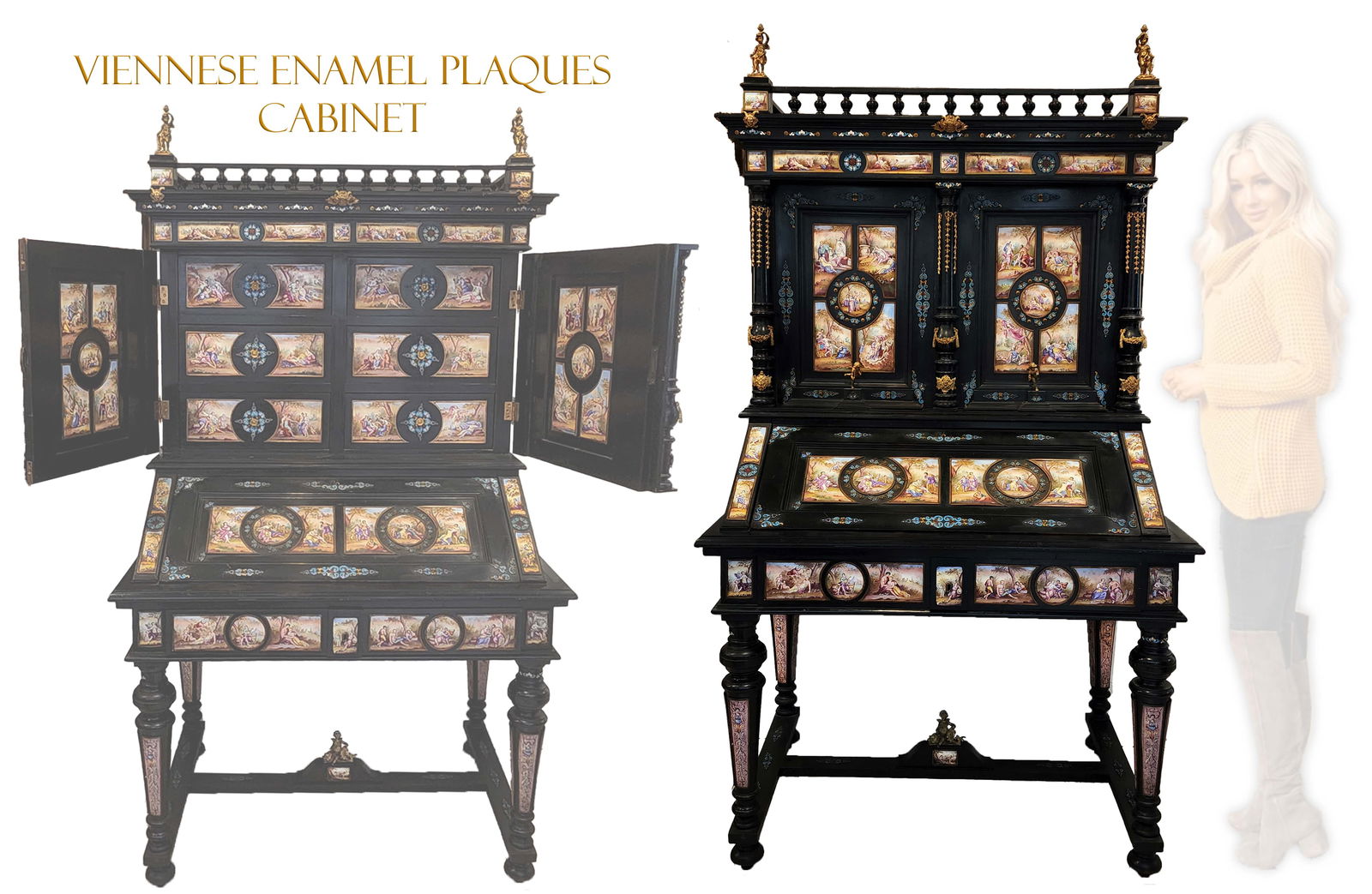 An Exquisite Viennese Enamel W/ More Than 100 Hand Painted Plaques Cabinet: Austrian Viennese Enamel cabinet decorated with more than 100 hand painted enamel plaques and medallions. H 76" x 42" x 27.5"