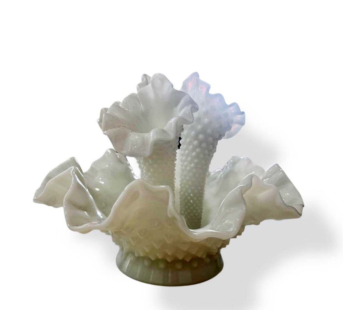 An American Fenton Art Milk Glass Three Horn Epergne: An American Fenton White Hobnail & hint of blue three Horn Art Milk Glass Epergne. H 8"
