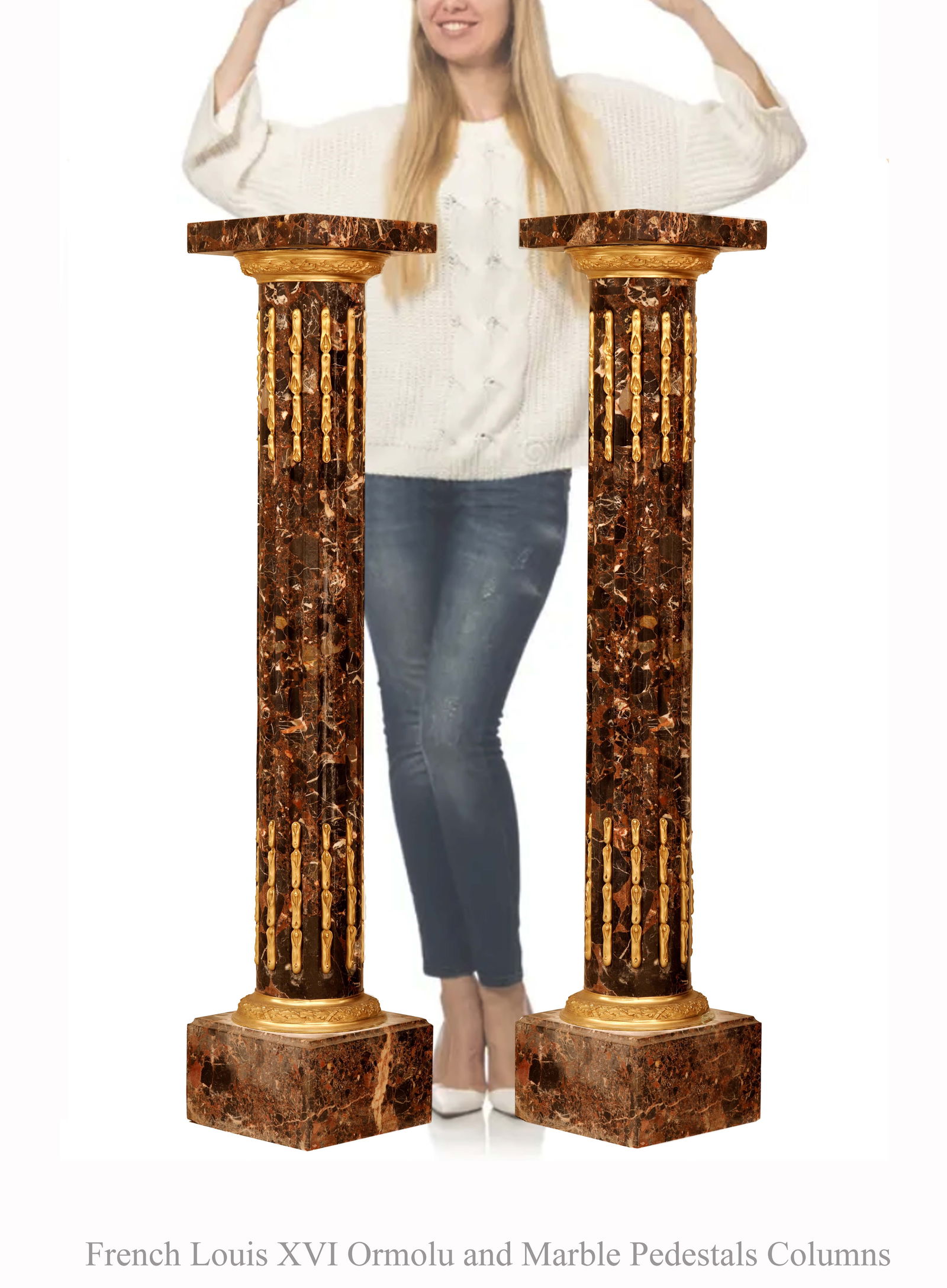 A Pair Of French Louis XVI Bronze Mounted Marble Pedestal Columns: A Pair Of French Louis XVI Ormolu Mounted Marble Pedestal Columns. H 50" x 9.75" x 9.75"