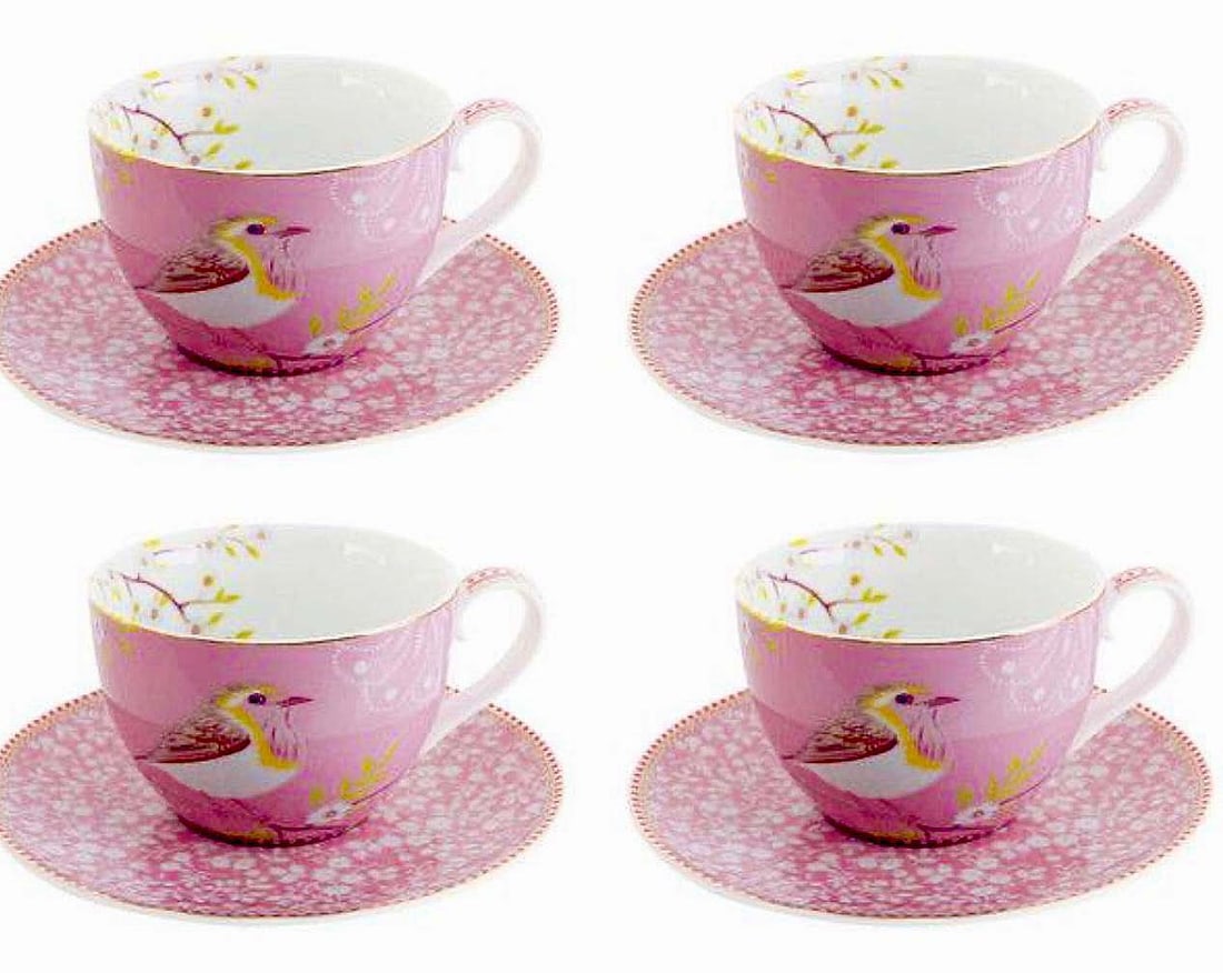 A Set of Four Pink Bird Flower Dogwood Branches Porcelain Cup & Saucer: A Set of Four Pink Bird Flower Dogwood Branches Porcelain Cup & Saucer. cup: 5" x 3", saucer: D 6.5"