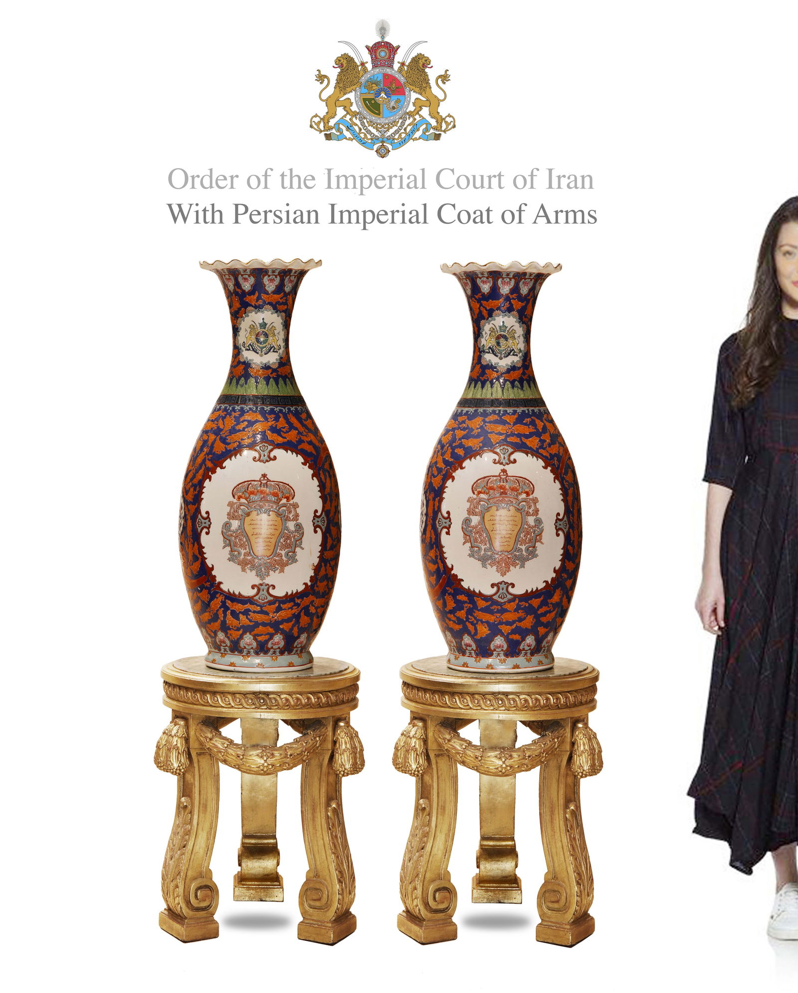 A Pair Of Large Persian Pahlavi Era Order Of The Imperial Court of Iran Vases: A Pair Of Large Persian Pahlavi Era Order Of The Imperial Court of Iran with Persian Imperial Coat of Arms Vases. Note: The pedestals are NOT included!