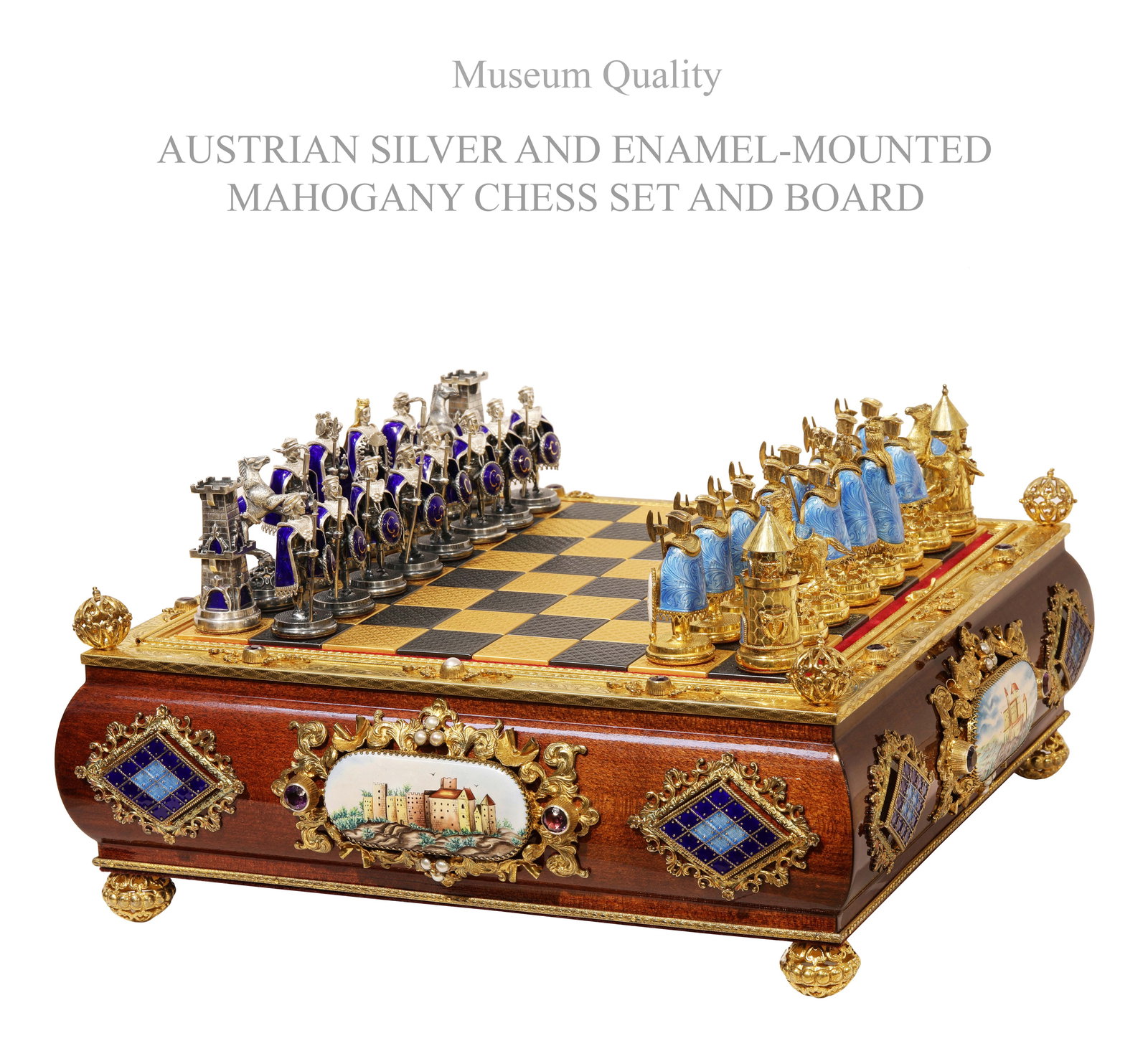 A Museum Quality 19th C. Austrian Silver-Gilt Enamel Mounted Mahogany Chess Set: A Museum Quality 19th Century Austrian Silver-Gilt Hand Painted Enamel Mounted Mahogany Chess Set with Board Box. ombe square, the mahogany sides set with blue enamel lozenges and oval plaques decorat