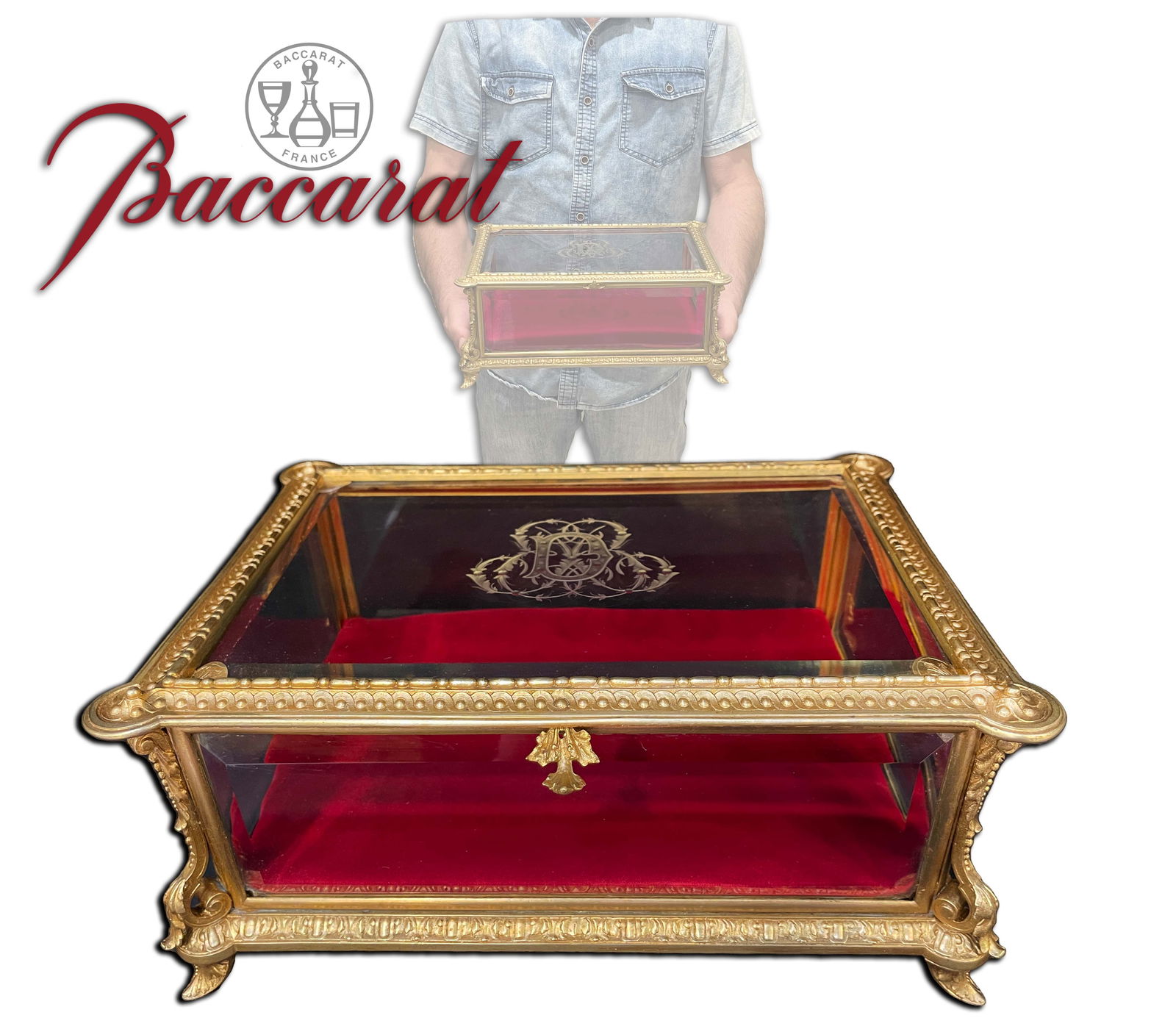 19th C. French Baccarat Crystal & Bronze Mounted Jewelry Box: 19th C. French Baccarat Crystal & Bronze Mounted Jewelry Box. 12" x 9" x 5"