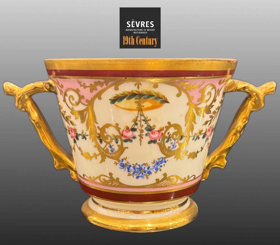 19th C. French Sevres Hand Painted Porcelain Vase, Hallmarked: 19th C. French Sevres Hand Painted Porcelain Vase, Hallmarked. H 7" x W 4.5"