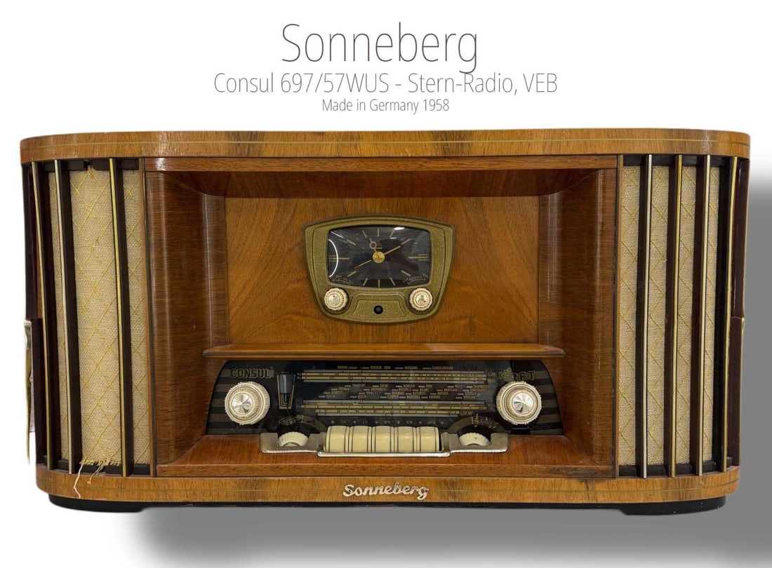 A Vintage 20th C. German Sonneberg Consul 697/57WUS - Stern-Radio, VEB: A Vintage 20th C. German Sonneberg Consul 697/57WUS - Stern-Radio, VEB. Circa 1958. 27" x 13.5" x 9.3"