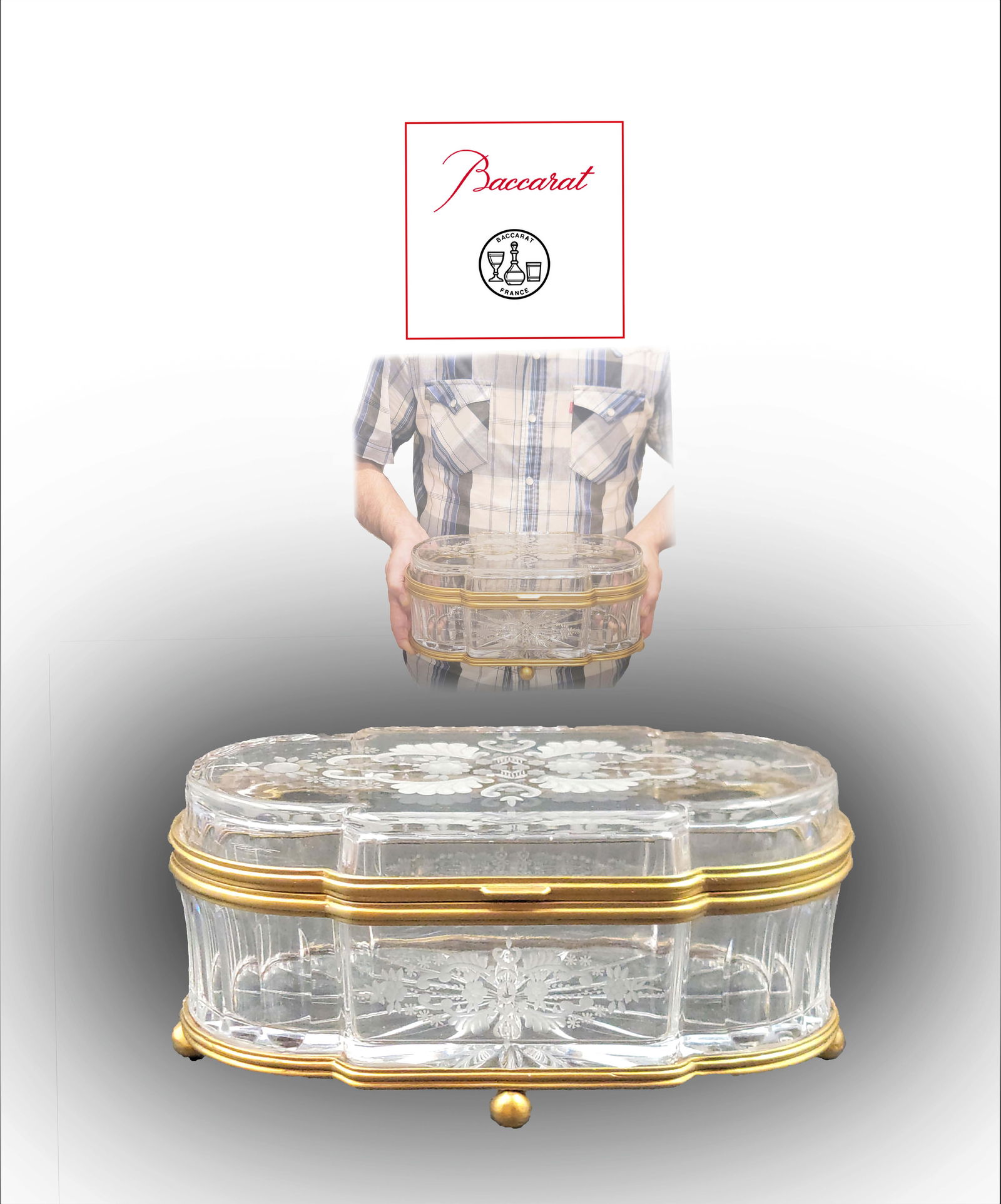 19th C. French Baccarat Crystal Glass Bronze Vanity Box: 19th C. French Baccarat Crystal Glass Bronze Vanity Box. L 12" x W 6.5" x H 6"