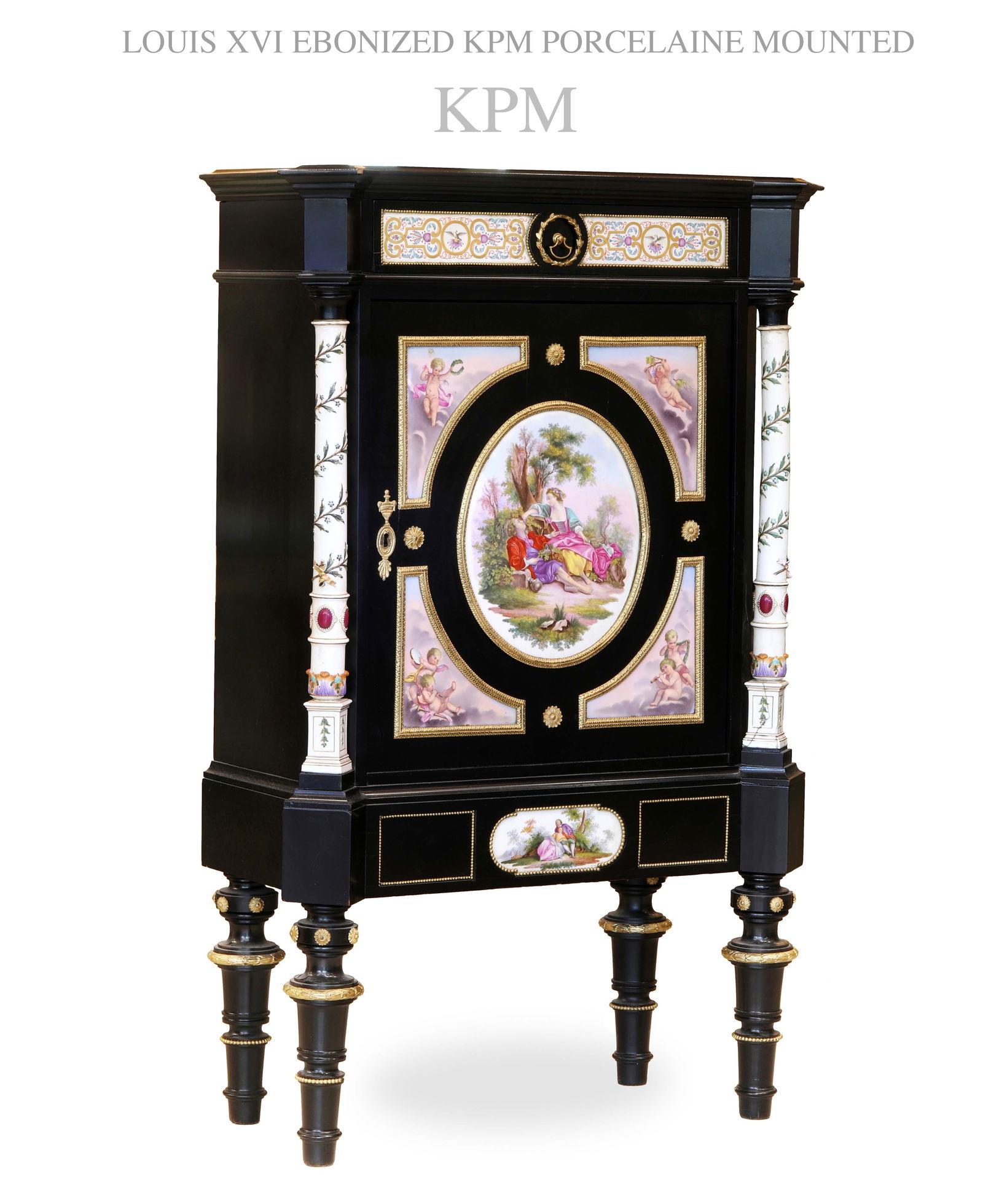 19th C. Louis XVI Ebonized KPM Porcelain Plaques Cabinet: 19th C. Louis XVI Ebonized German KPM Hand Painted Porcelain Plaques Mounted Cabinet. H 47" X L 26"