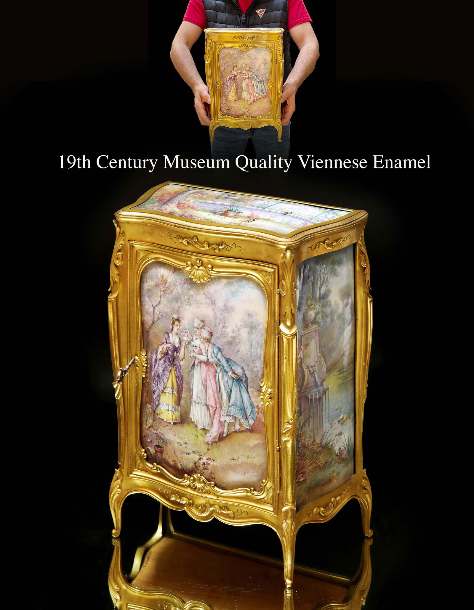 A Large 19th C. Museum Quality Viennese Enamel Bronze Cabinet: A Large 19th C. Museum Quality Austrian Viennese hand Painted Enamel Bronze Cabinet. H 13" x 10" x 6"