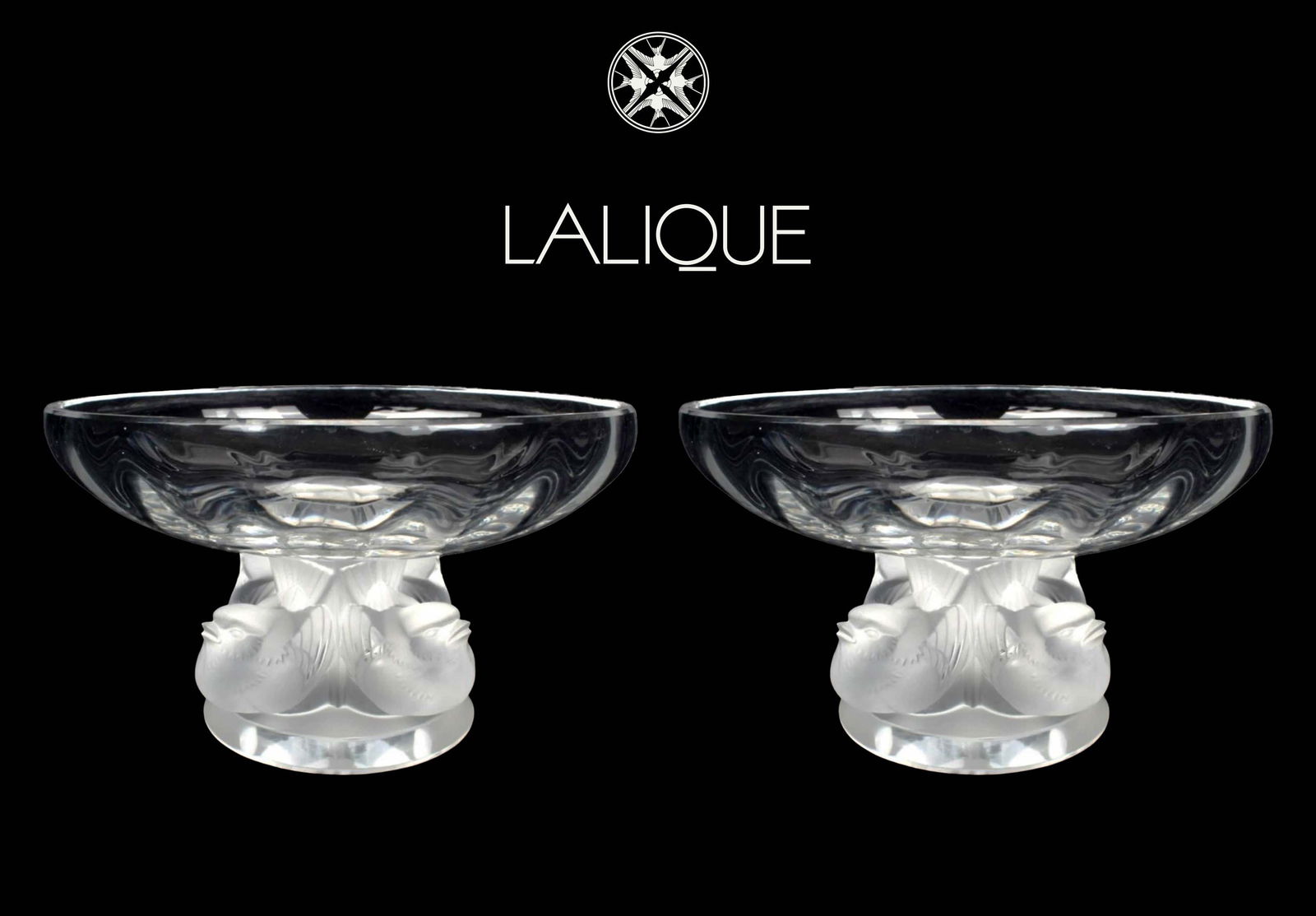 A Pair of LALIQUE Crystal Sparrow Figural Stand Candy Dish/Bowls, Signed (1 of 6)