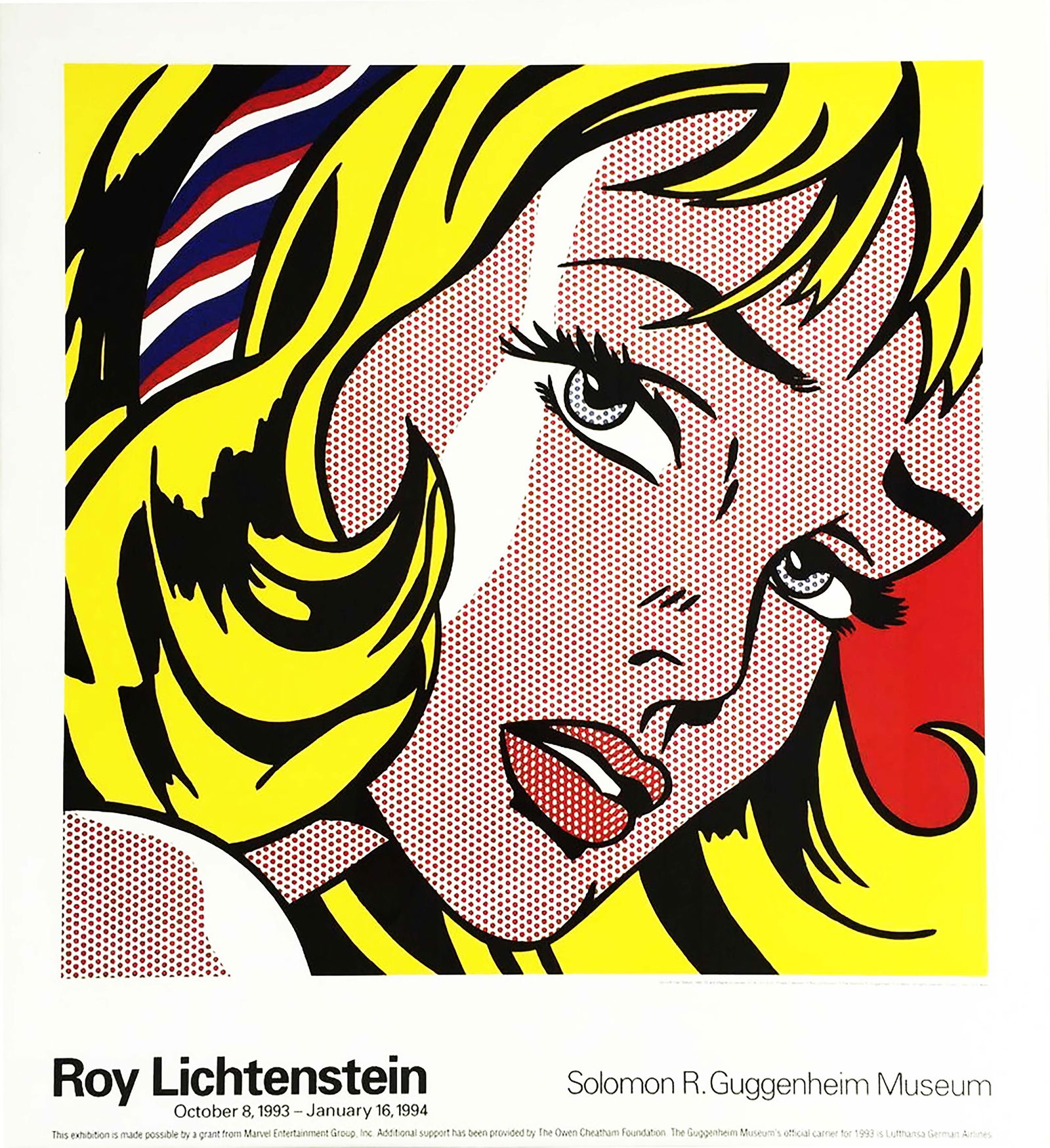 Girl With Hair Ribbon, A Vintage Roy Lichtenstein Exibition Poster Print: Girl With Hair Ribbon 1965, A Roy Lichtenstein Guggenheim Museum exhibition poster print. This is a lithography from the painting As Girl With Hair Ribbon (1965) Oil and magna on canvas in the collect
